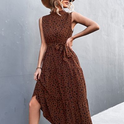 Elegant Lace Up Midi Dress; Dot Tie Print Sleeveless High Neck Belt Waist Summer Maxi Dresses; Women&#39;s Clothing