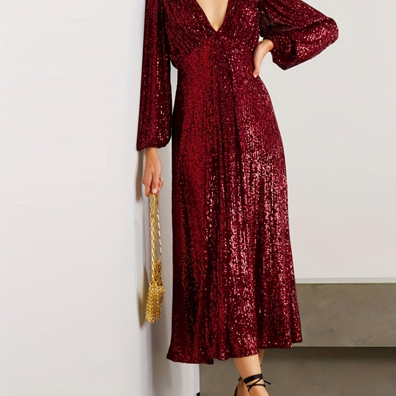 Sequined V-neck Dress, Elegant Long Sleeve Dress For Wedding Party, Women&#39;s Clothing