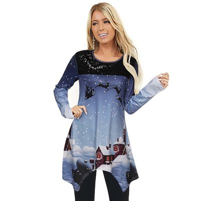 Autumn and Winter Christmas Women&#39;s Clothing Round Neck Printing Long-sleeved Casual T-shirt Top Women