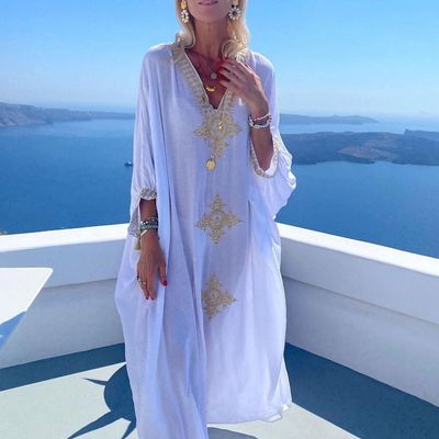 Elegant Embroidered Retro V-neck White Dress; Summer Beach Wear Vacation Dress; Women&#39;s Clothing