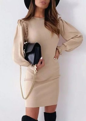 Autumn and Winter Solid Color Round Neck Lotus Leaf Sleeve Slim Sexy Dress Women&#39;s Clothing