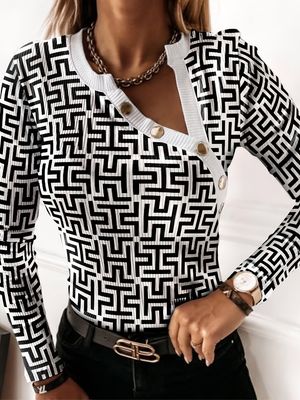 Geometric Print V-Neck Long Sleeve Button Stitching T-Shirts; Stylish Everyday Top; Women&#39;s Clothing