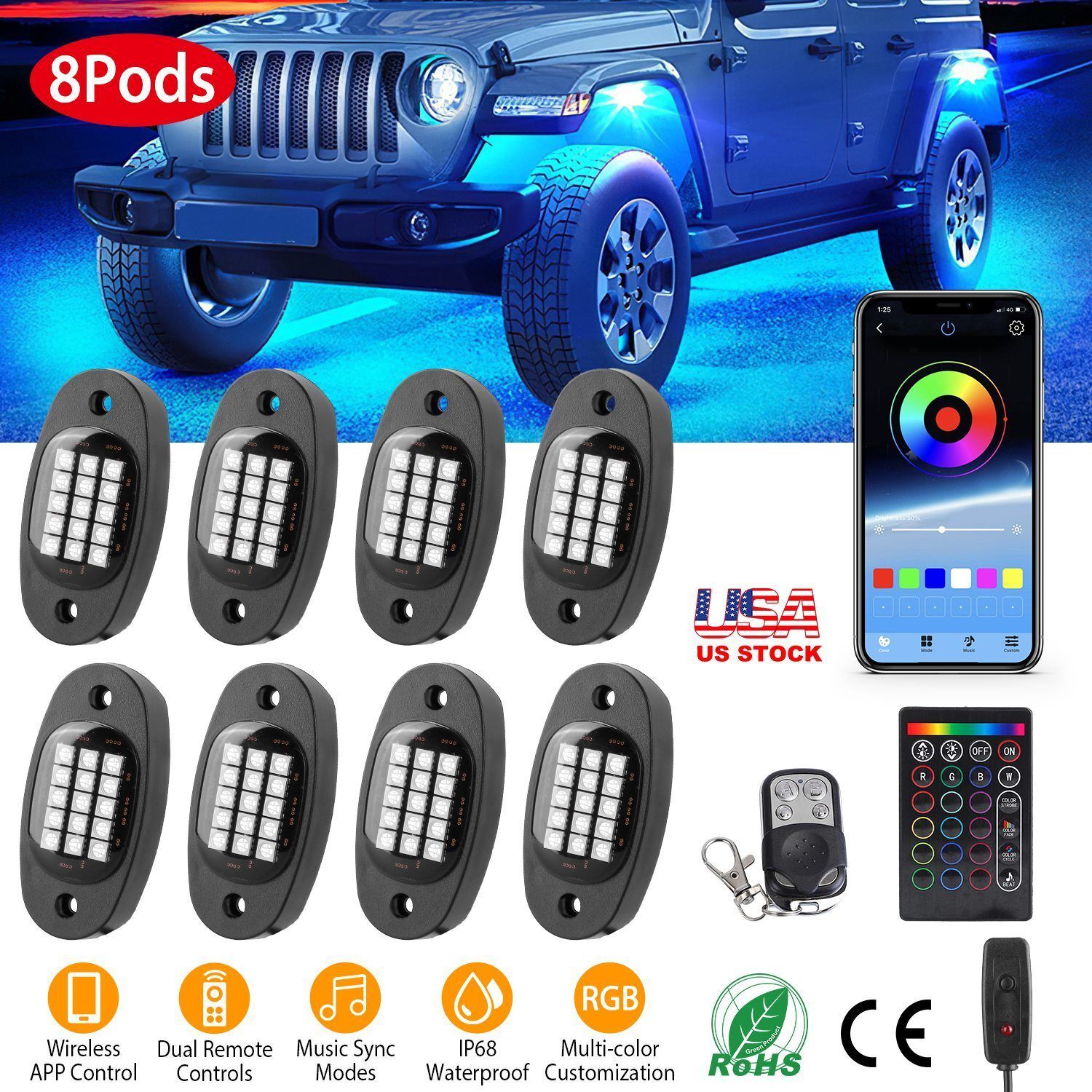 8 Pods RGB LED Rock Lights DC12V Car Neon Light Kit IP68 Waterproof Underglow Lights with Double Remote Controls Wireless APP Control for Jeep Truck UTV SUV