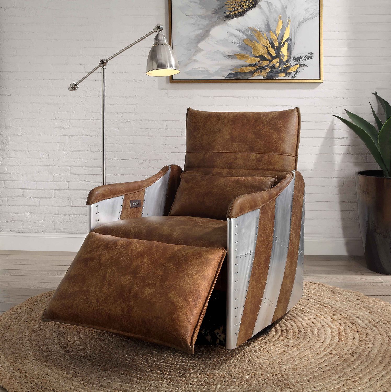 ACME Qalurne Power Recliner w/Swivel Function, 2-Tone Mocha Top Grain Leather &amp; Aluminum 59942