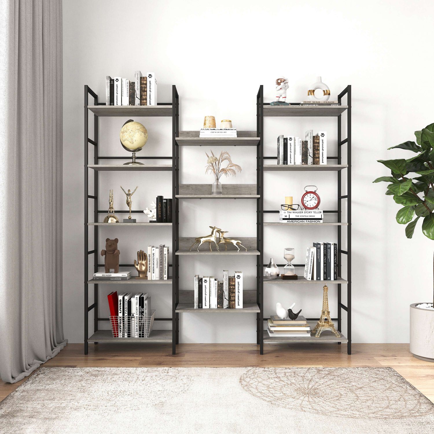 Triple Wide 5-shelf Bookshelves Industrial Retro Wooden Style Home and Office Large Open Bookshelves, Grey, 69.3&quot;W x 11.8&quot;D x 70.1&quot;H