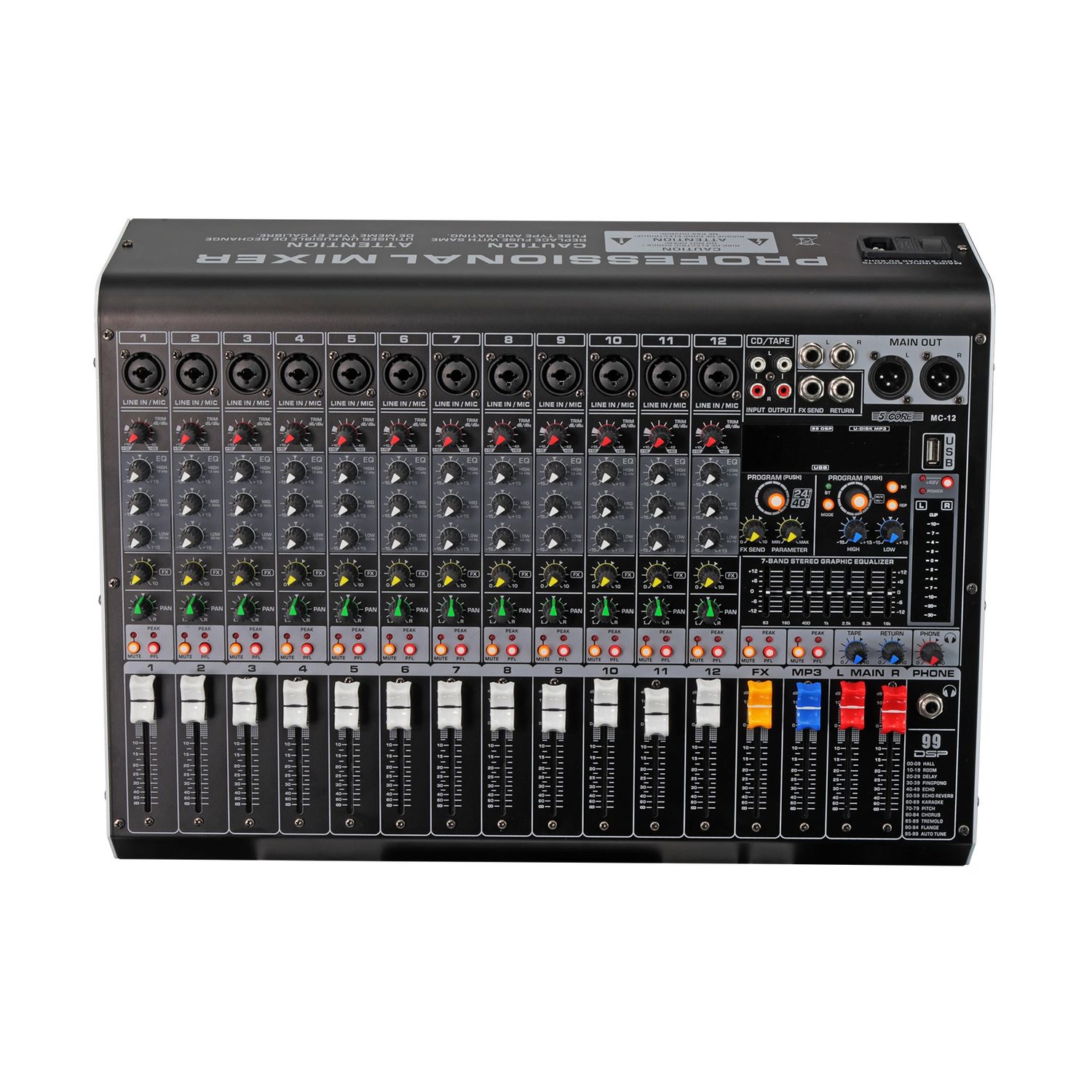 5 Core Audio Mixer 12 Channel DJ Sound Board w Bluetooth USB PC Recording Professional PA Analog Mixing Console For Karaoke Singing Music Podcast Consola De Audio - MX 12CH L