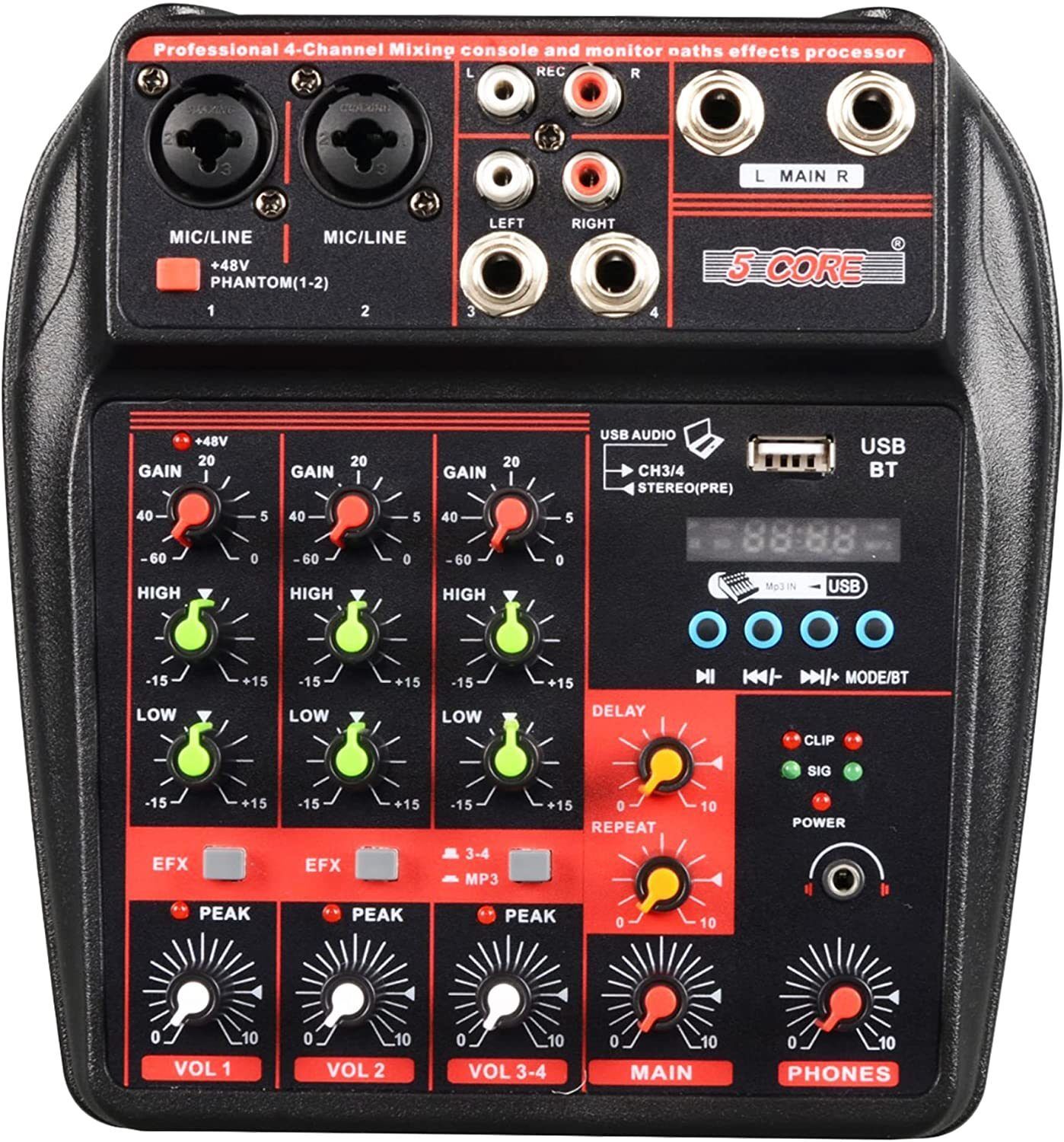 5 Core Audio Interface Mixer 4 Channel PC XLR Bluetooth USB DJ Music Podcast Karaoke Sound Board - MX 4CH