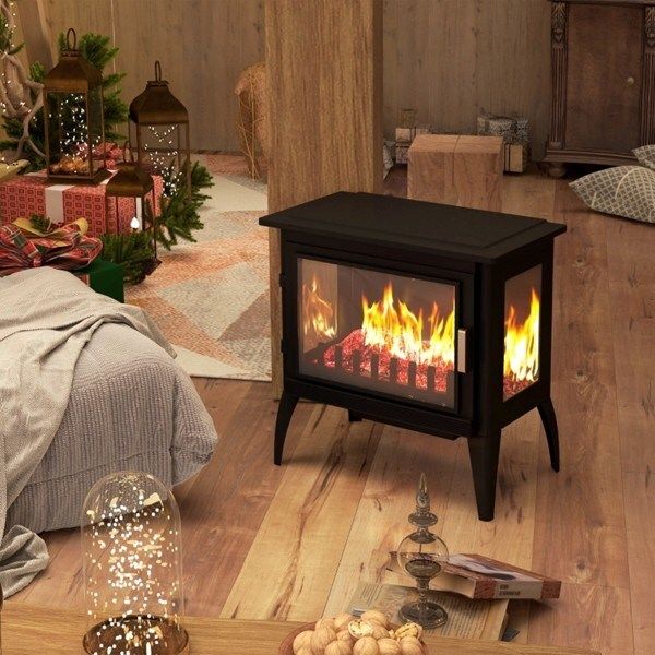 1000W/1500W 24&quot; Electric Fireplace Stove, Freestanding Fireplace Heater with Realistic Flame, Adjustable Temperature, Black-AS