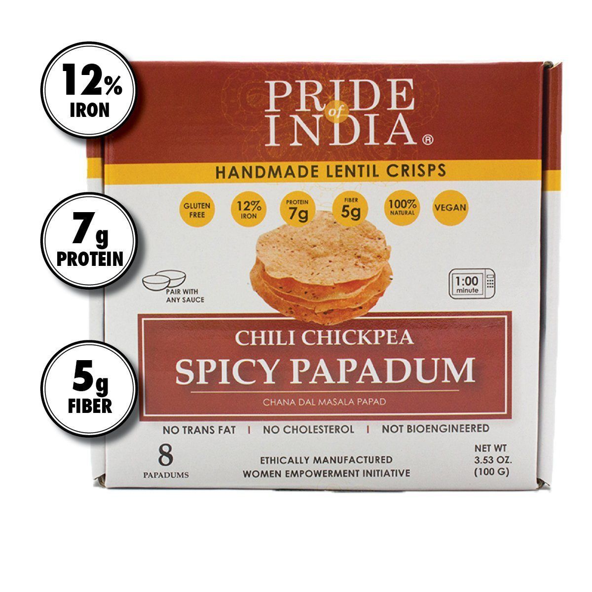 Pride Of India - Spicy Chickpea Masala Papadum Lentil Crisp, 10 count (3.53oz - 100gm) - Microwaveable Instant Chips, Gluten-Free Vegan Crackers, Healthy Protein, Fiber &amp; Iron Rich Snacks