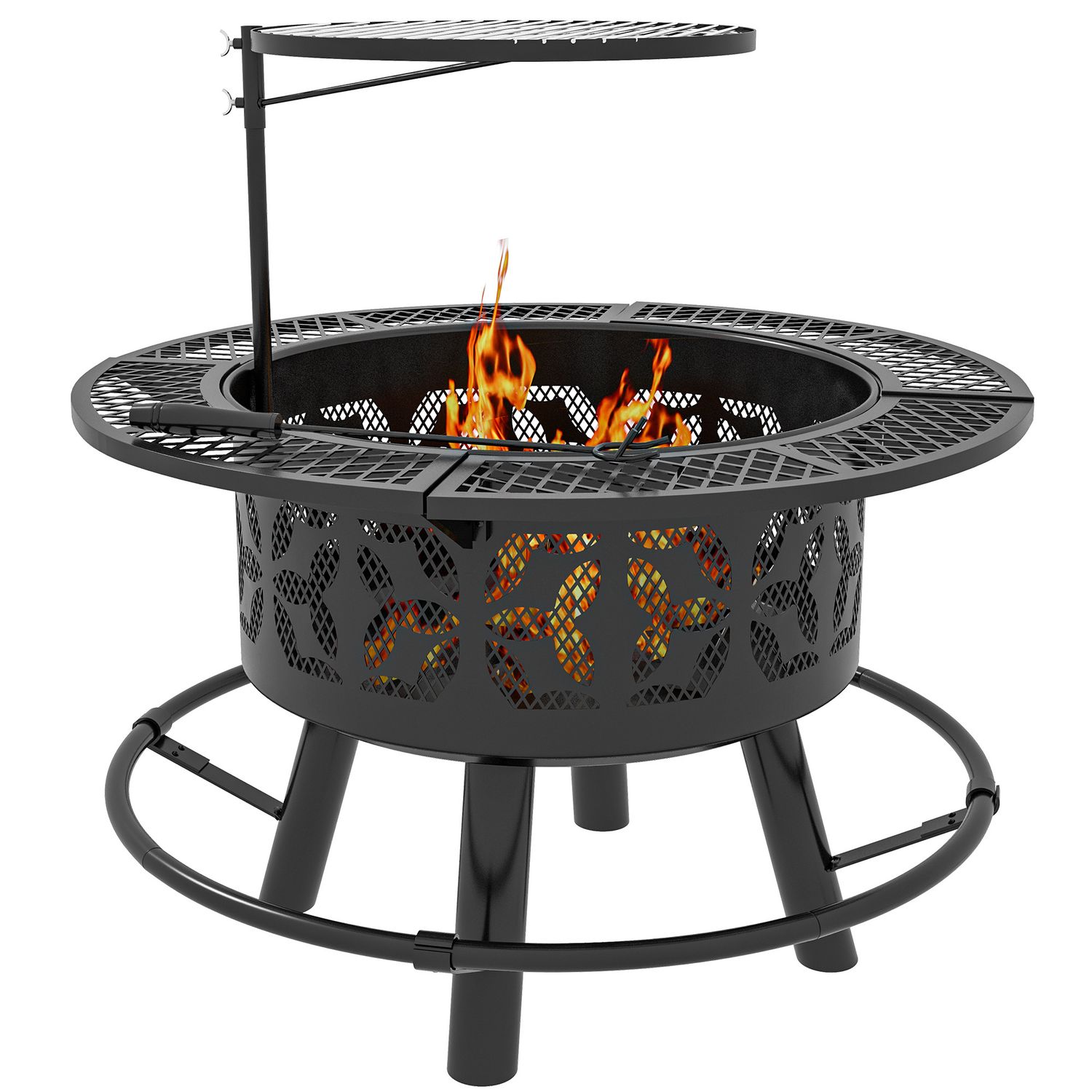 Outsunny 2-in-1 Fire Pit, BBQ Grill, 33&quot; Portable Wood Burning Firepit with Adjustable Cooking Grate, Pan and Poker, Camping Bonfire Stove for Backyard, Patio, Picnic, Black