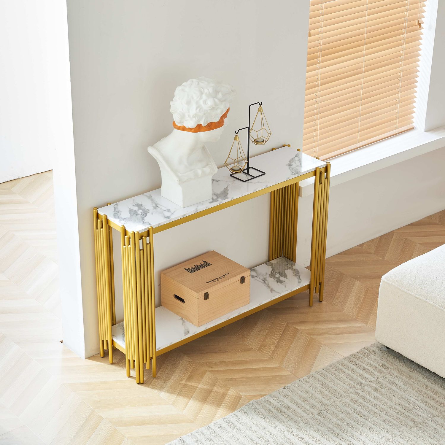 2 Tier Faux Marbling Console Table, Living Room Sofa Table, Modern Narrow Entryway Table, Hallway Entrance Table, Adjustable Feet, for Entrance, Hallway,Gold