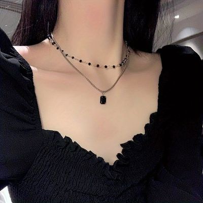 Hip Hop Double Layers Chain Necklace With Square Shape Pendant Elegant Neck Jewelry