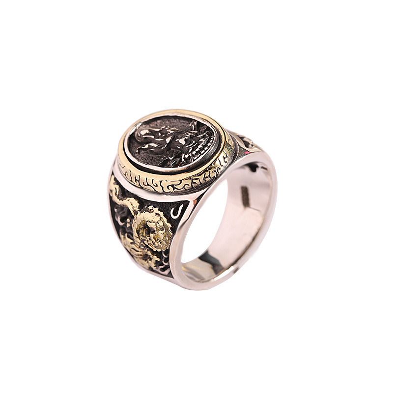 S925 Silver Antique Finish Silver Jewelry Trendy Personality Hip Hop Style South Sea Guanyin Ring Men&#39;s Ring