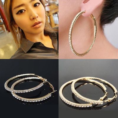 Color: Gold, Size: 7cm - Exaggerated diamond big circle hip-hop nightclub earrings