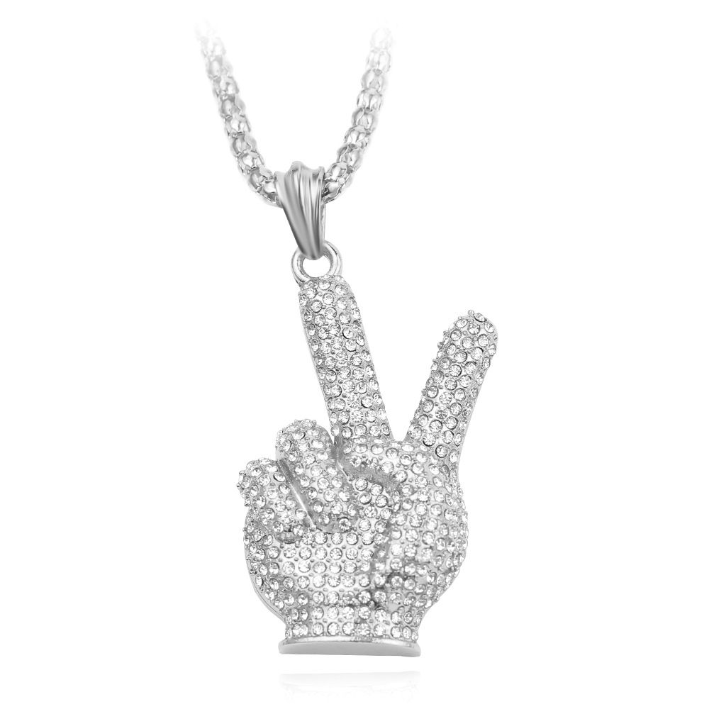 Color: Silver - European and American street victory gesture hip hop necklace