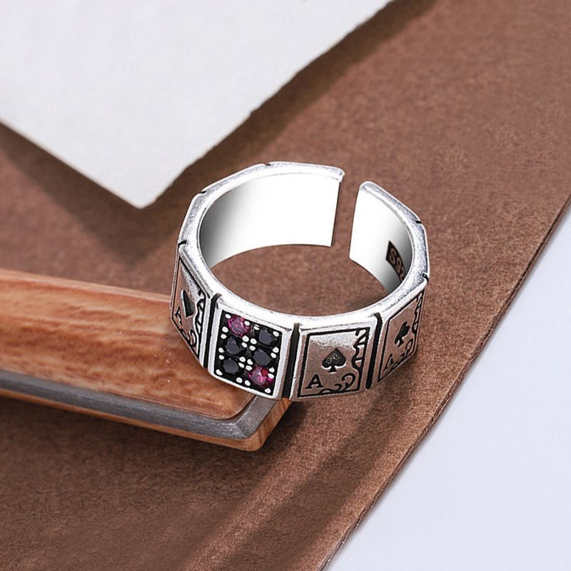 Inlaid Zircon Black Peach A Playing Card Ring Retro Hip Hop