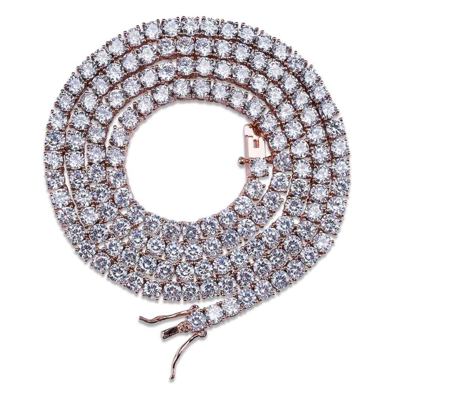 Color: rose gold, Size: 16inch - Zircon single row 4mm necklace Hip hop jewelry necklace Iinches