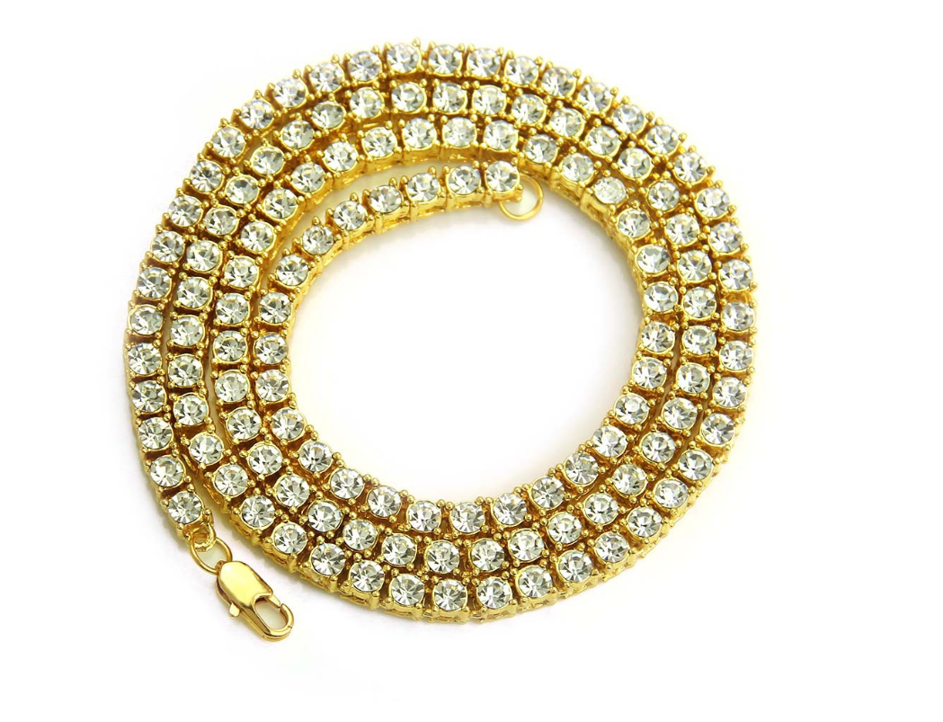 Color: Gold, Size: 26inch - Men&#39;s Hip Hop Diamond Gold Necklace Alloy Pendant Full Rhinestone Single Row Item Jewelry