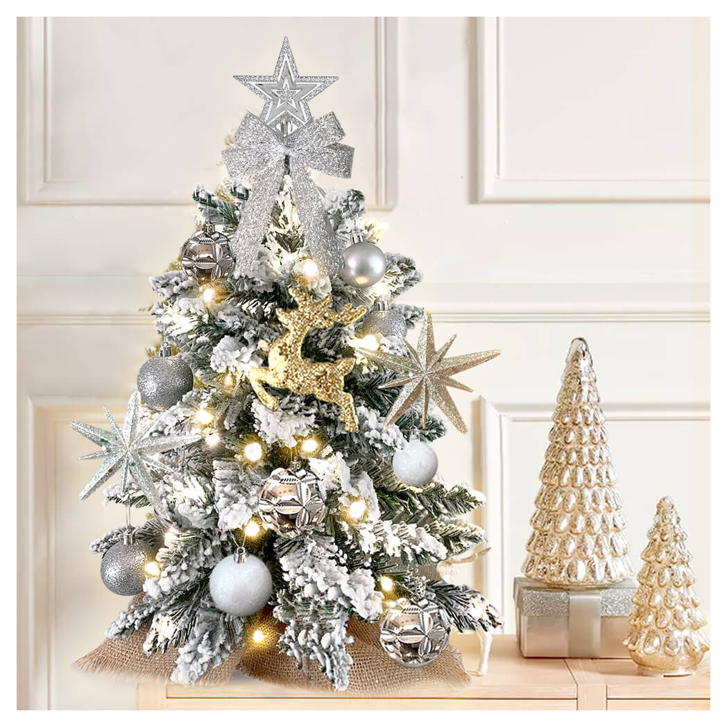 2ft Mini Christmas Tree with Light Artificial Small Tabletop Christmas Decoration with Flocked Snow, Exquisite Decor &amp; Xmas Ornaments for Table Top for Home &amp; Office, Silver