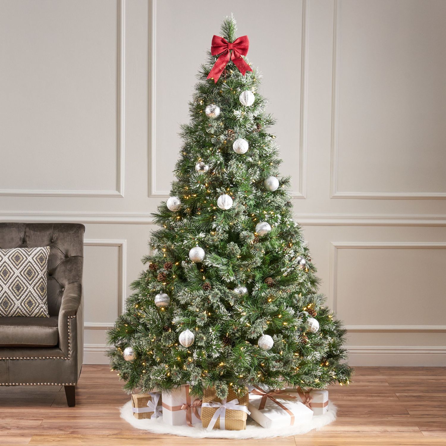 7&#39; Cashmere and Snow Bristle Mixed Tree with 75Pine Cones and 900 led Lights-UL,1233tips,Dia:59