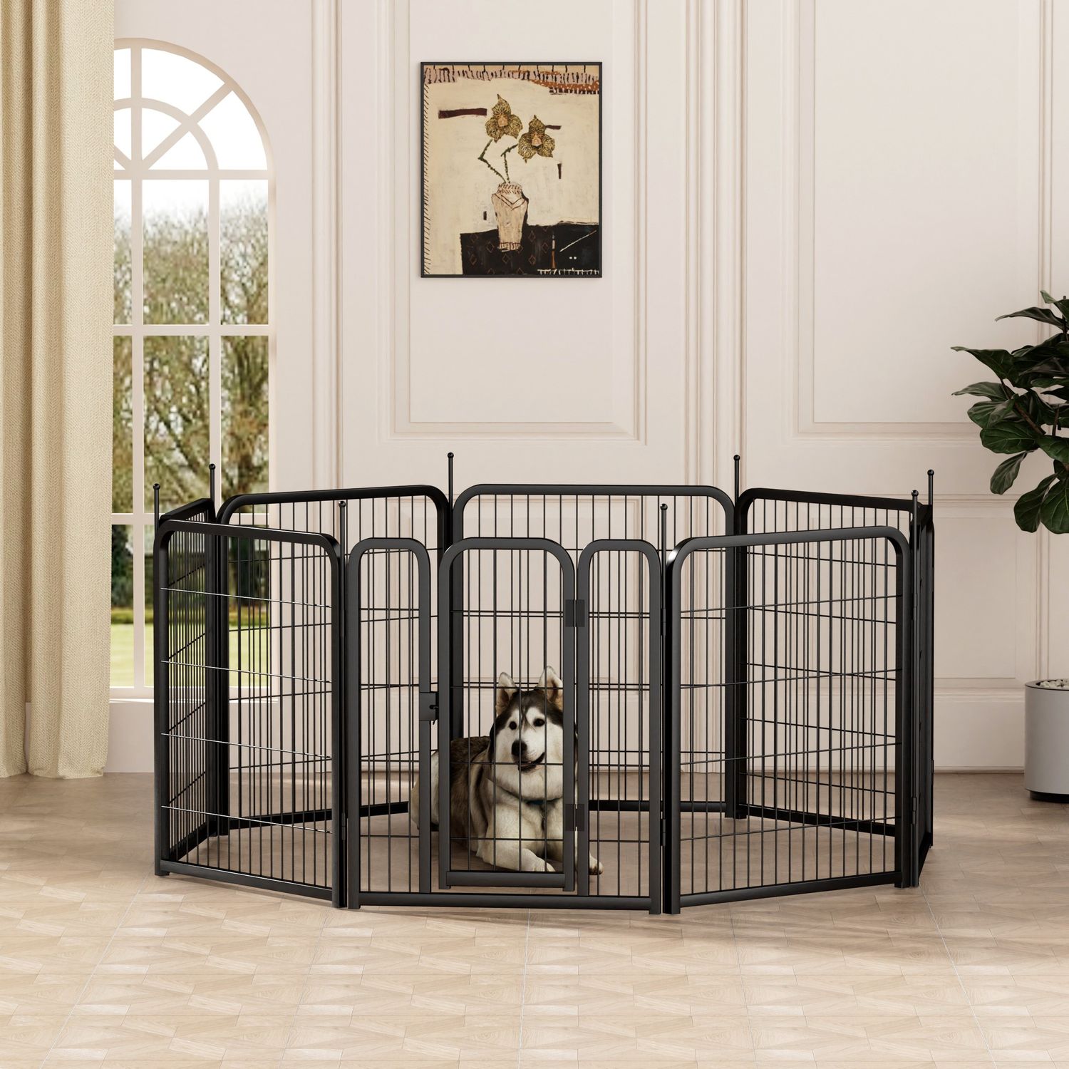 Dog Playpen Outdoor, 8 Panel Dog Fence 31.&#39;&#39; Pet Pen for Small Dogs Pet Exercise Pen for Puppy/Rabbit/Small Animals Portable Playpen for RV Camping Garden Yard, Indoor. Black, 26.3&#39;&#39; W x 31.5&#39;&#39; H.