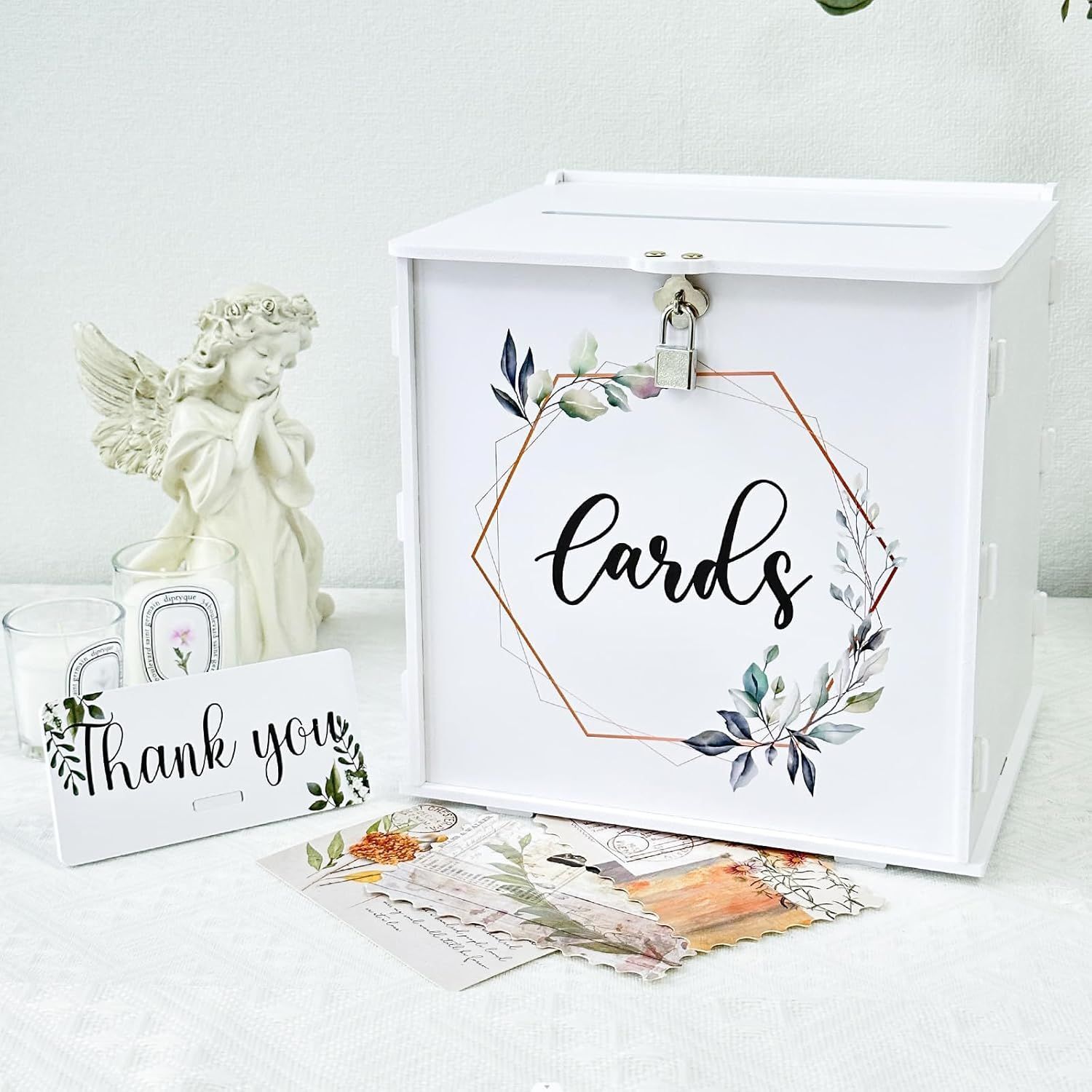 1 set Wedding Card Box with Slot, White Eucalyptus Wedding Envelope Box with Lock, PVC Gift Box Money Card Box for Wedding Reception Party Graduation Birthday Decorations