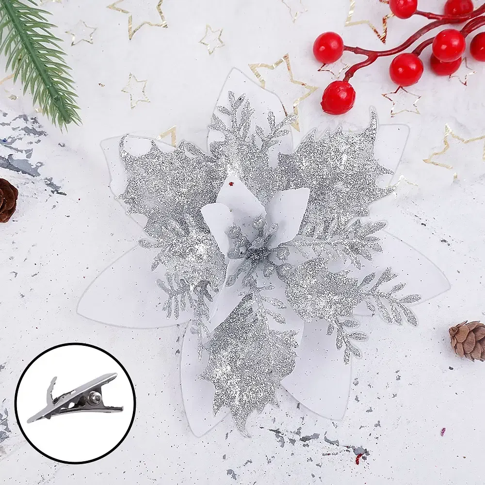 Color: Pink - Glitter Artificial Christmas Flowers Fabric Fake Flower Xmas Tree Ornaments Festival Christmas Wedding Party Home Decor Supplies