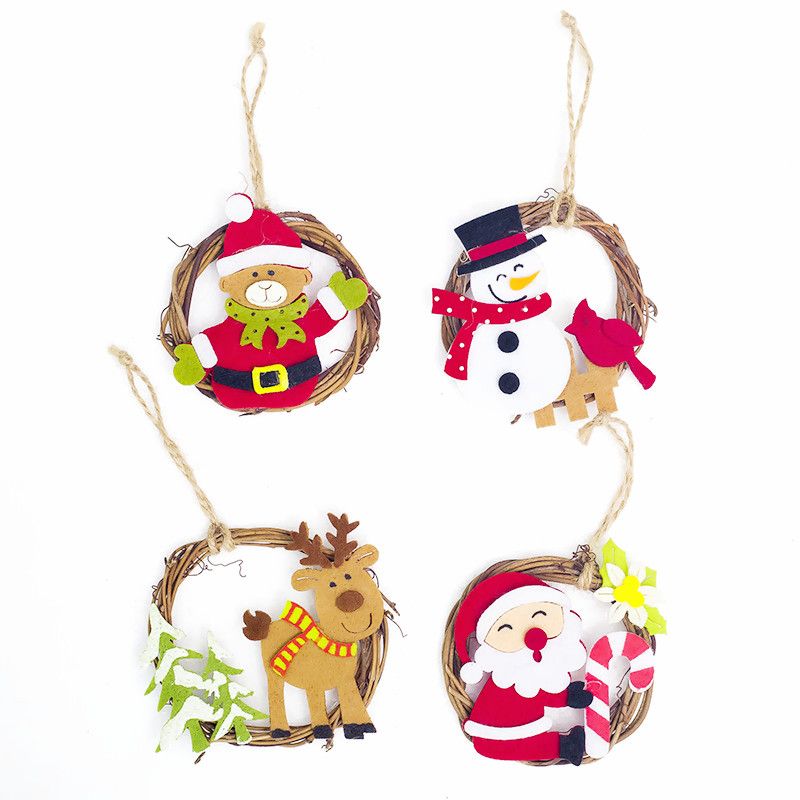 Style: 1 set - Christmas Home Decoration Wicker Ornament Cartoon Felt Ring Rattan Decorative Pendant Santa Claus Pendant Christmas Ornaments