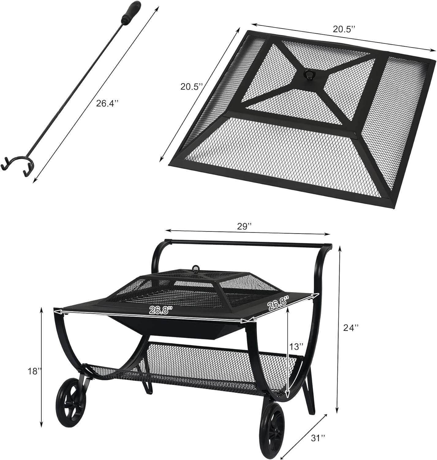 Fire Pit, 27&quot; Metal Wood Burning Firepit Stove with Wheel &amp; Storage Shelf, Outdoor Fire Pit with Lid for Camping, BBQ, Garden, Backyard