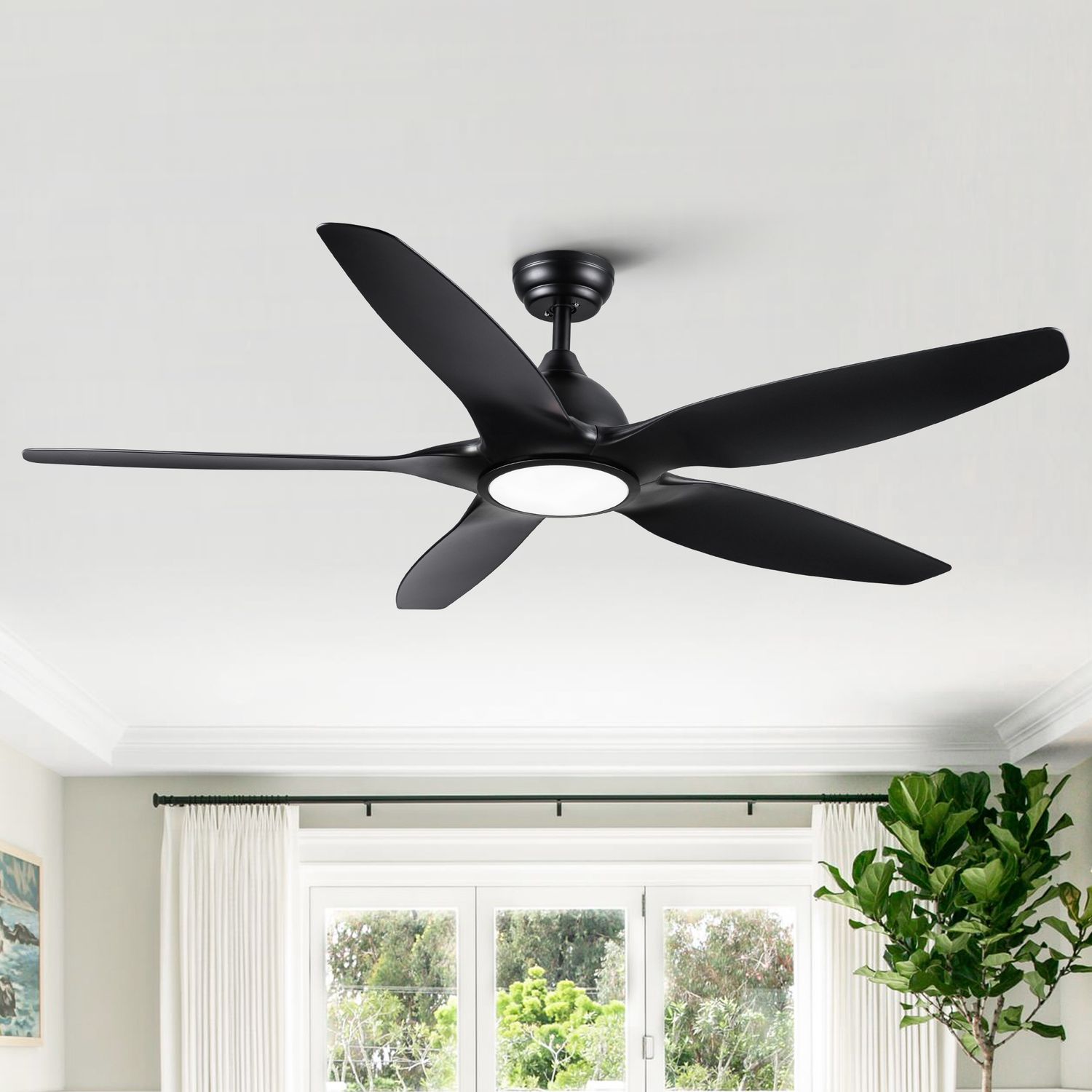 YUHAO 60 in. Integrated LED Indoor&amp;Outdoor Matte Black Ceiling Fan with Light Kit and Remote