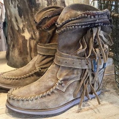 Color: Khaki, Size: 42 - Solid Color Leather Tassel Women&#39;s Ankle Boots