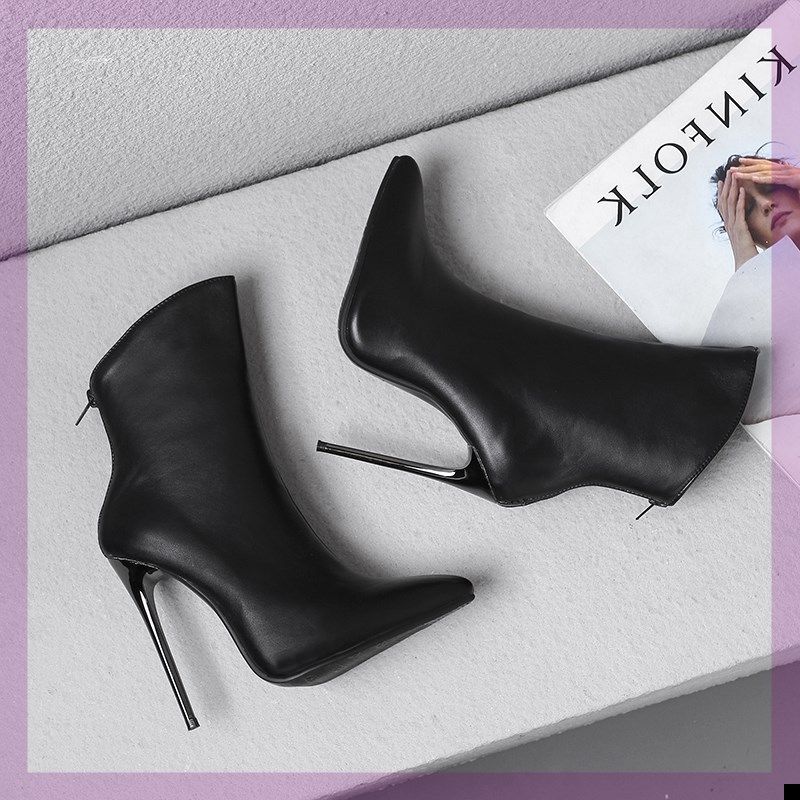 Color: Black Plus Velvet, Size: 46 - Women&#39;s Fashion Stiletto Pointed Ankle Boots