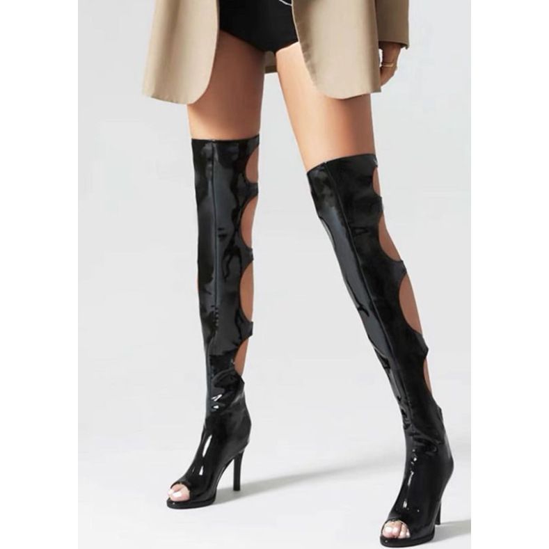 Color: Black Patent Leather, Size: 45 - Fashion Runway Stiletto Heel Open Toe Sexy Women&#39;s Boots