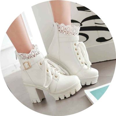 Color: White, Size: 37 - For Women, Lace-up Martens Boots With High Heels And Thick Heels
