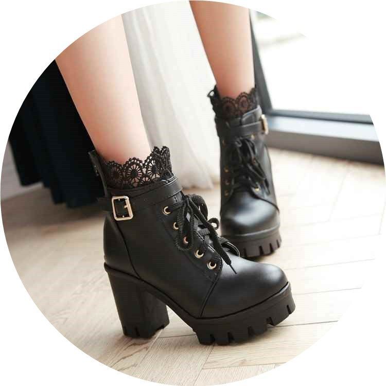 Color: Black, Size: 33 - For Women, Lace-up Martens Boots With High Heels And Thick Heels