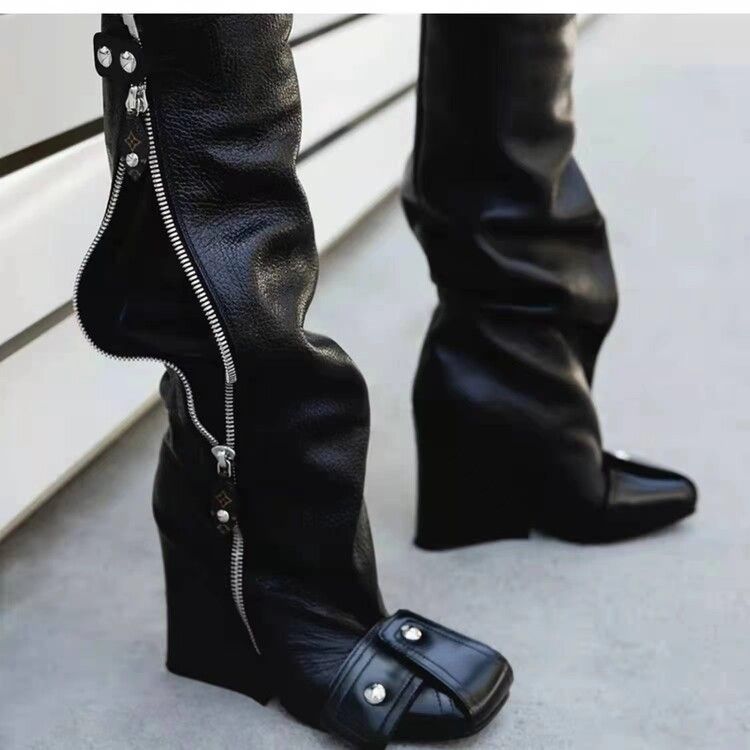 Color: Black, Size: 40 - Super High Heel Square Head One Step Fashion Runway Large Size Knee-high Boots For Women