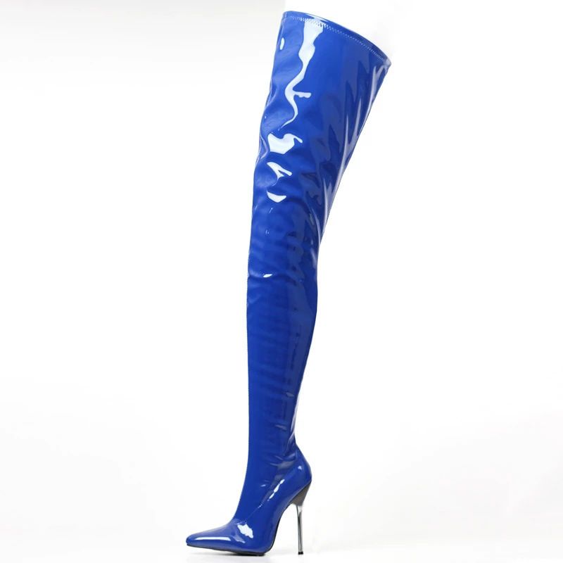 Color: Blue, Size: 39 - Pointed Toe Side Zip Patent Leather High Stiletto Over The Knee Women&#39;s Boots