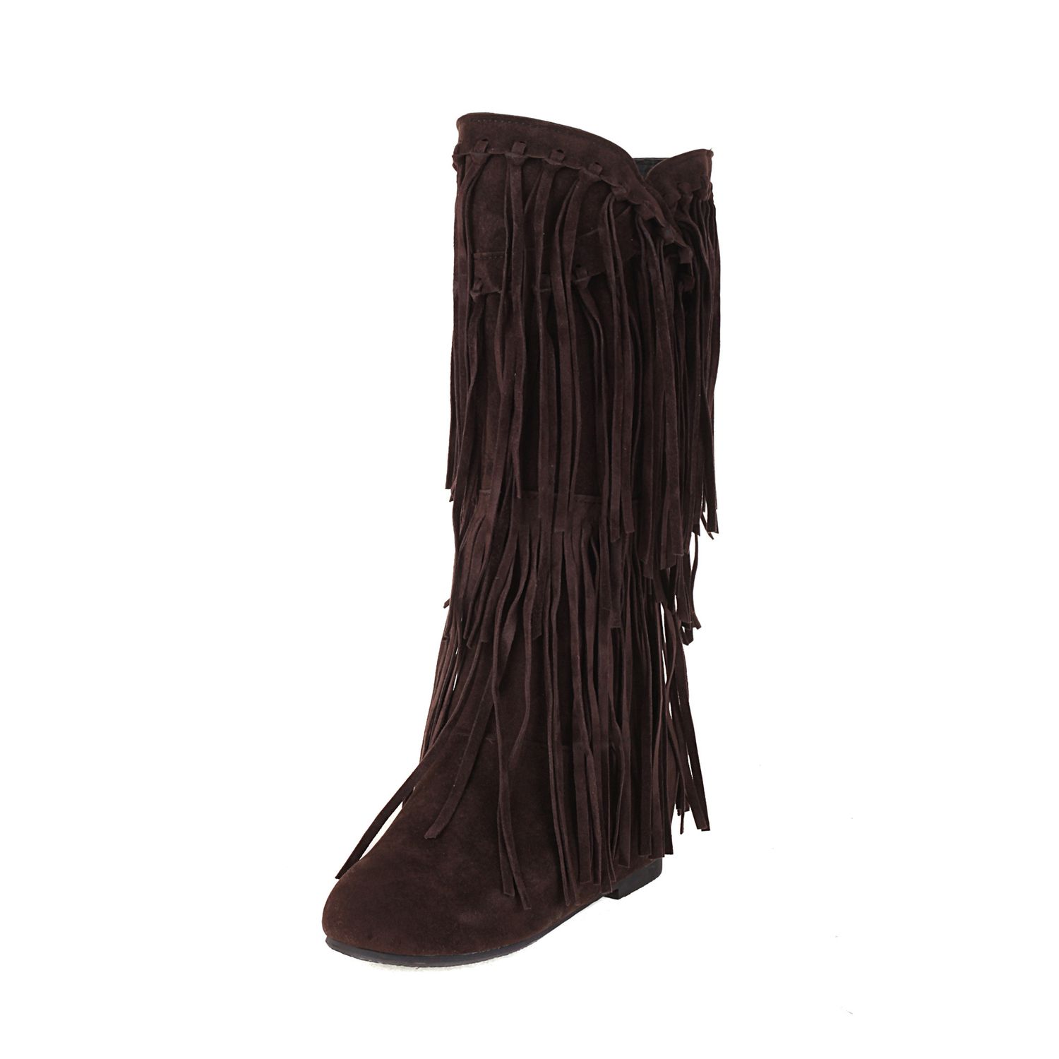 Color: Brown, Size: 41 Customization - Autumn And Winter Tassel Round Toe Invisible Elevated Casual Women&#39;s High Leg Boot