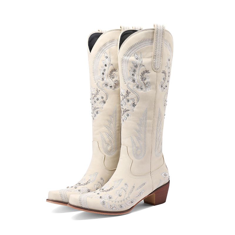 Color: White, Size: 36 - Embroidered Western Denim Retro Women&#39;s Knee-length Boots