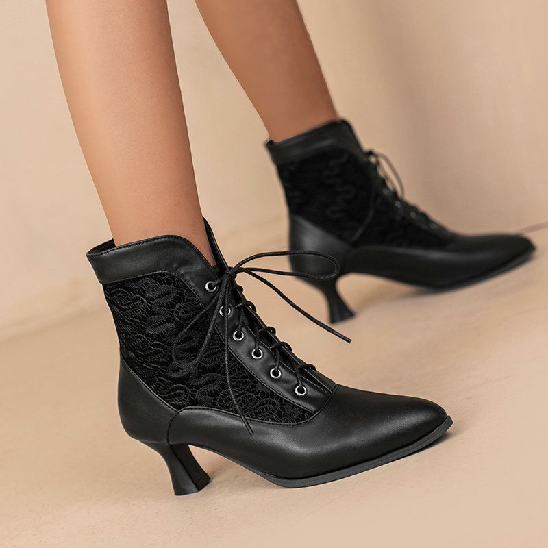 Color: Black, Size: 39 - Kitten Heel Booties Women&#39;s Autumn And Winter Lace Hollow-out Front Lace-up