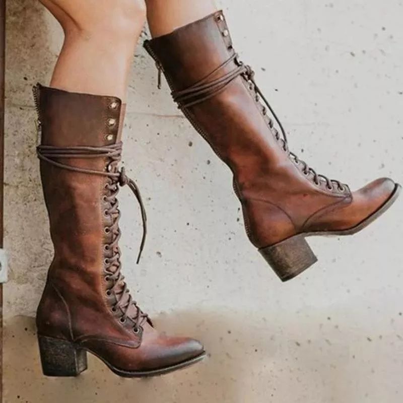 Color: Brown, Size: 43 - New Lace-up Boots Women&#39;s Boots With Thick Heel