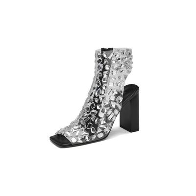 Color: Black, size: 43 - Women&#39;s Large Size Rhinestone Hollow Summer High Heel Sandal Boots