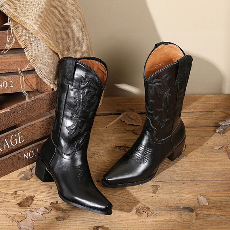 Color: Black, Size: 40 - Embroidered Retro Women&#39;s Western Cowboy Boot