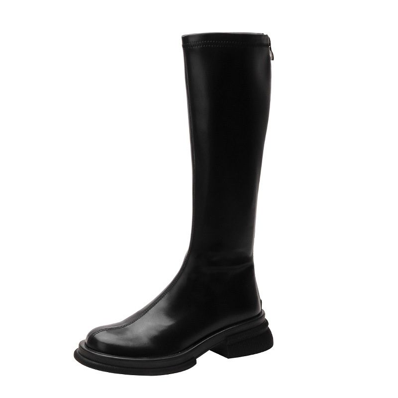 Color: Black Long Tube, Size: 36 - British Style Round Toe Solid Color Short Boots Women&#39;s Boots Tide