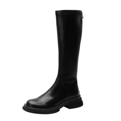 Color: Black Long Tube, Size: 36 - British Style Round Toe Solid Color Short Boots Women's Boots Tide