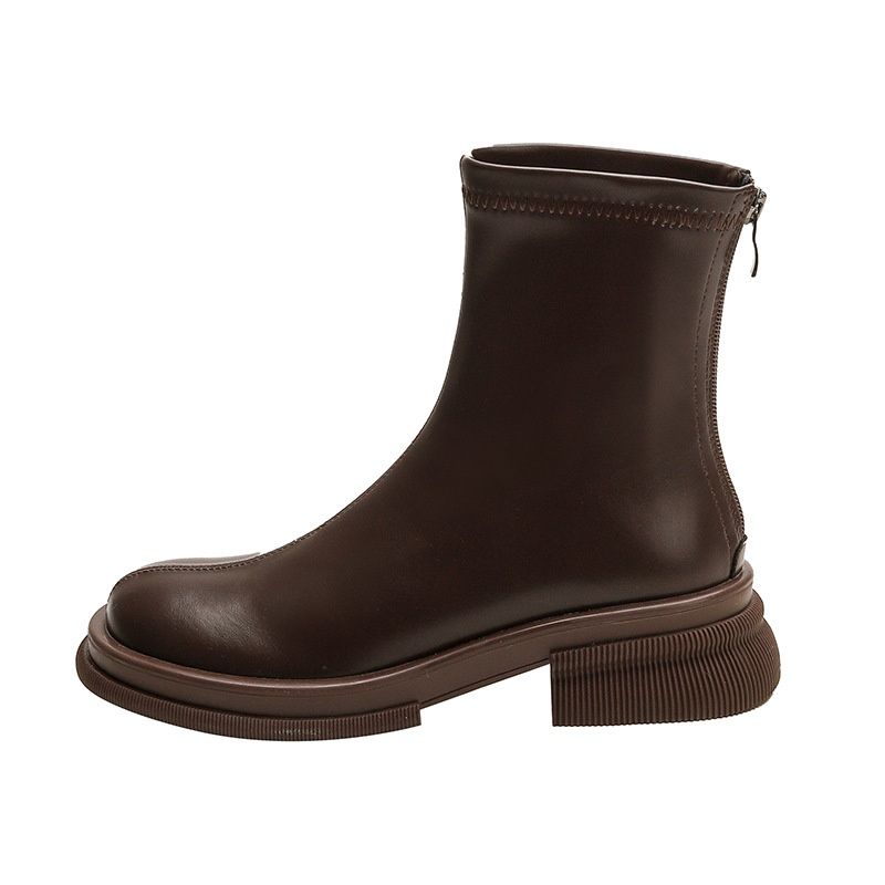 Color: Brown Short Tube, Size: 37 - British Style Round Toe Solid Color Short Boots Women&#39;s Boots Tide