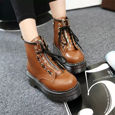 Color: Brown, Size: 35 - Thick and non-slip women&#39;s single boots round head with a tube Martin boots