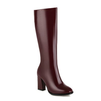 Color: Wine Red And Single Layer, Size: 47 - Women&#39;s Fashion High Heel Plus Size Knight Boots