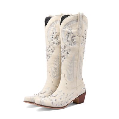 Color: White, Size: 38 - Embroidered Western Denim Retro Women&#39;s Knee-length Boots