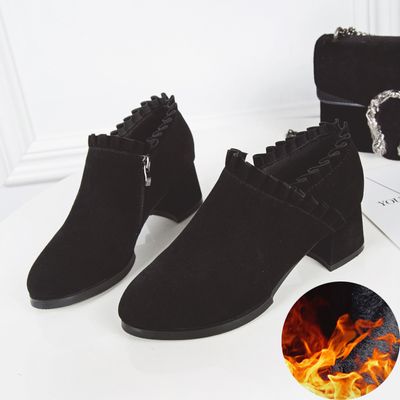 Color: Black plus cotton, Size: 37 - Frosted Martin Boots Women&#39;&#39;s British Style Naked Boots Children&#39;&#39;s Short Boots Thick Heel Tooling Boots Pointed High Heel Women&#39;&#39;s Boots Spring And Autumn Single